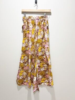 Lakhays Wide Leg Floral Mushroom Palazzo Wide Leg Pants Pink Yellow Cotton S/M